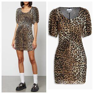 GANNI Leopard-Print Stretch-Mesh Mini Dress